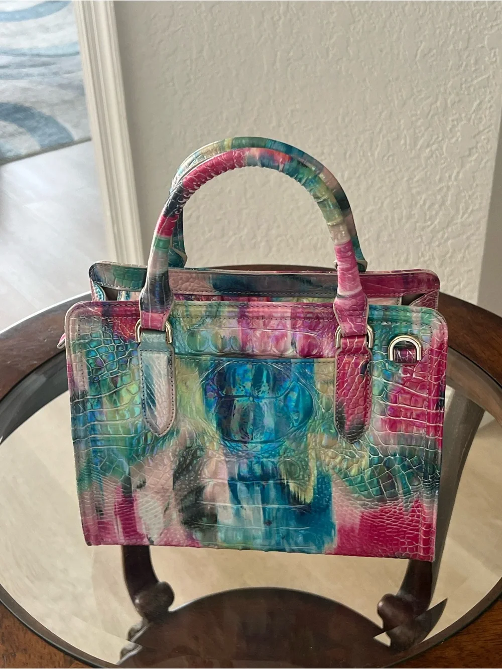 Brahmin Multicolor Croc-Embossed Satchel - Pink, Blue & Green
